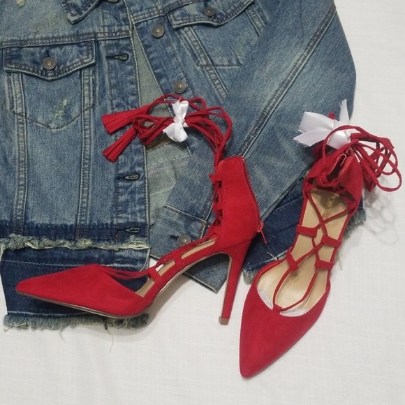 Shoe Dazzle Shoes - NWOT Red Wrap Heels Faux Suede